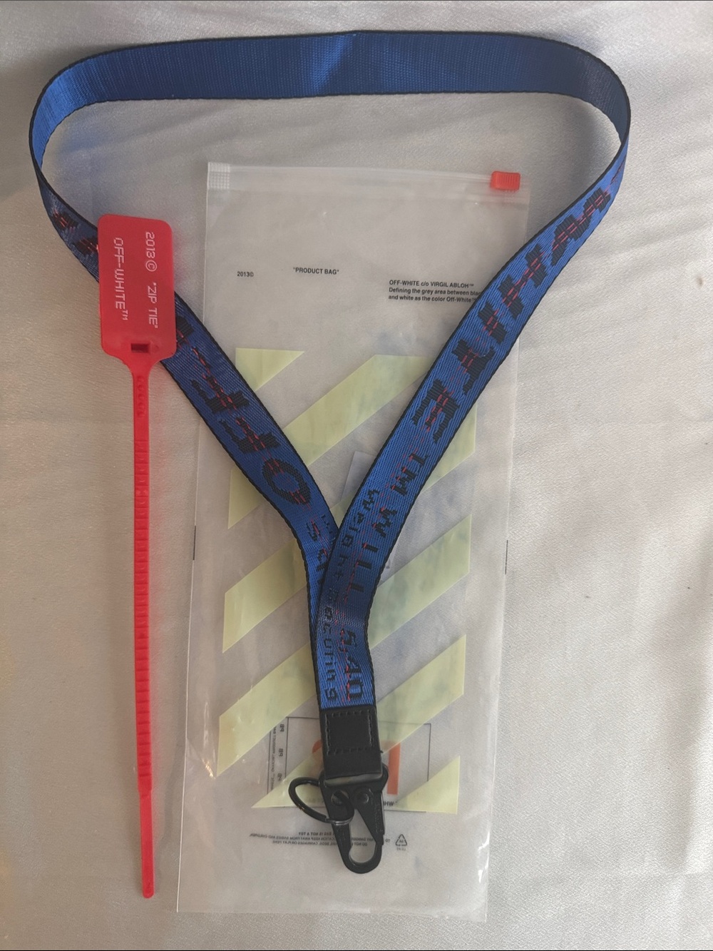 New! Off-White Blue Strap Lanyard with Red Zip Tie